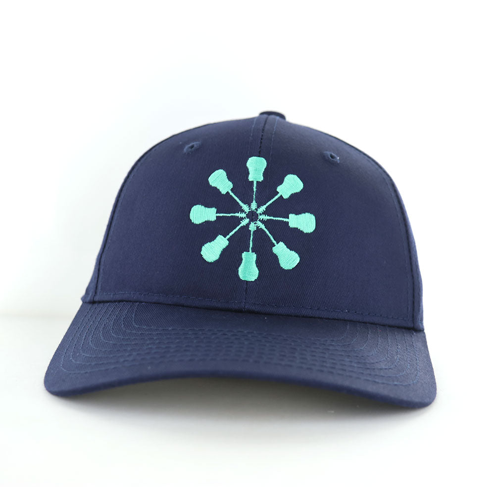 Navy blue cap with a teal geometric design of the Song Summit Acousterisk embroidered on the front of the hat