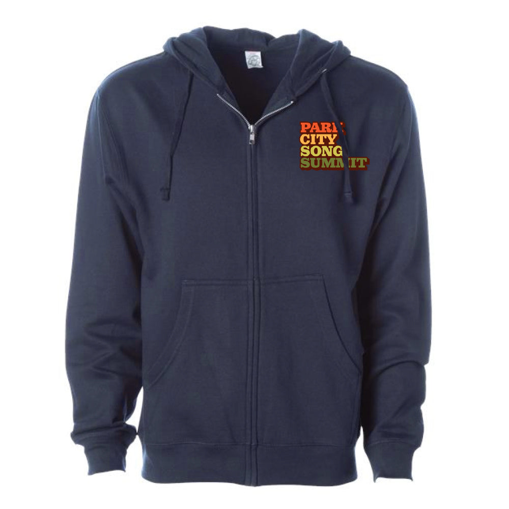 Navy blue hoodie with Park City Song Summit logo on the chest 