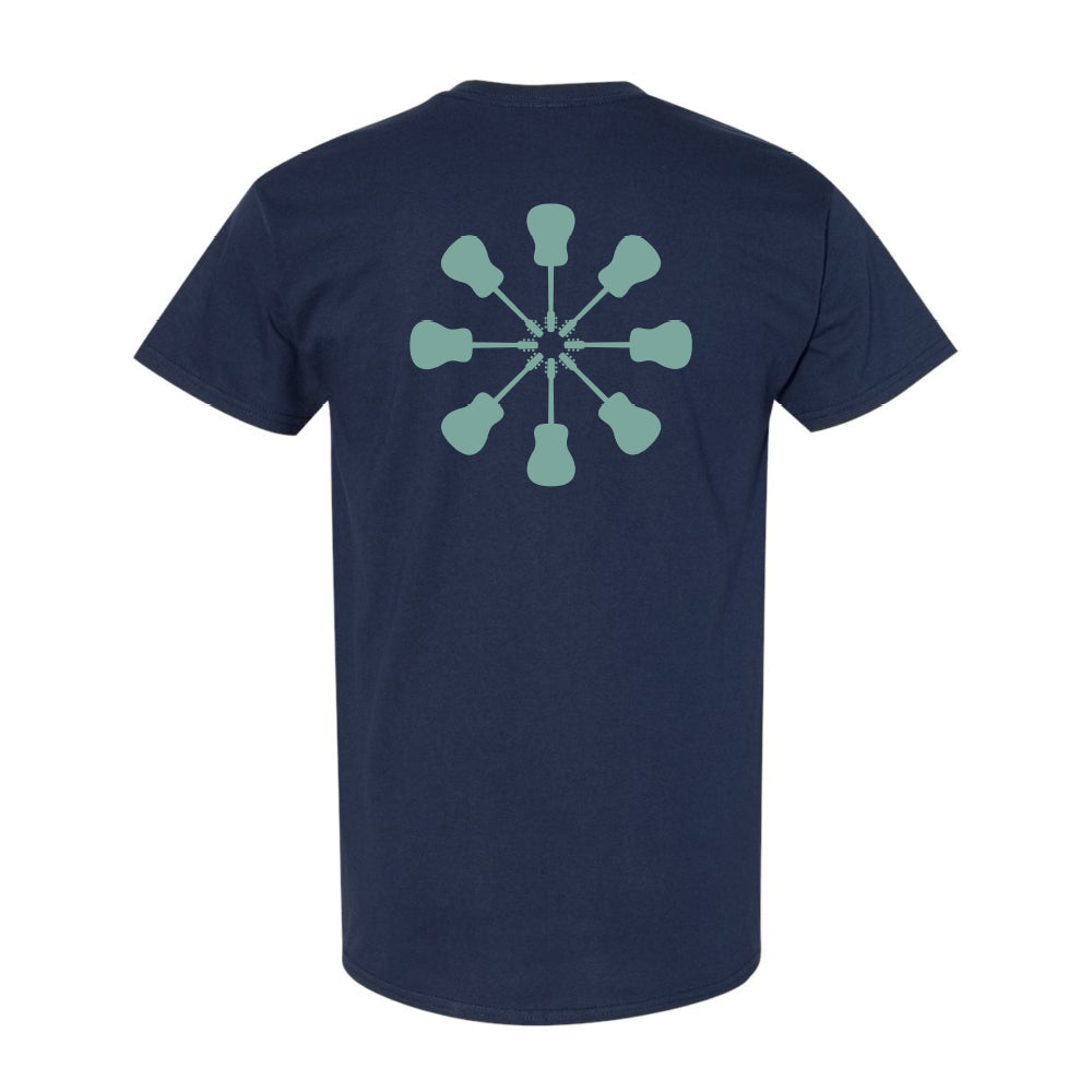 Navy blue t-shirt with a teal PCSS Acusterisk Symbol on the back