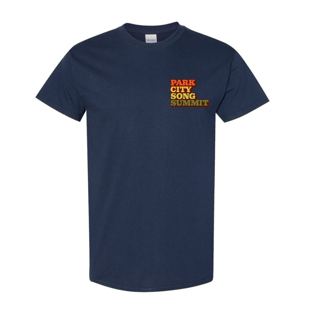 Navy blue t-shirt with 'PARK CITY SONG SUMMIT' text in red and yellow printed on the front
